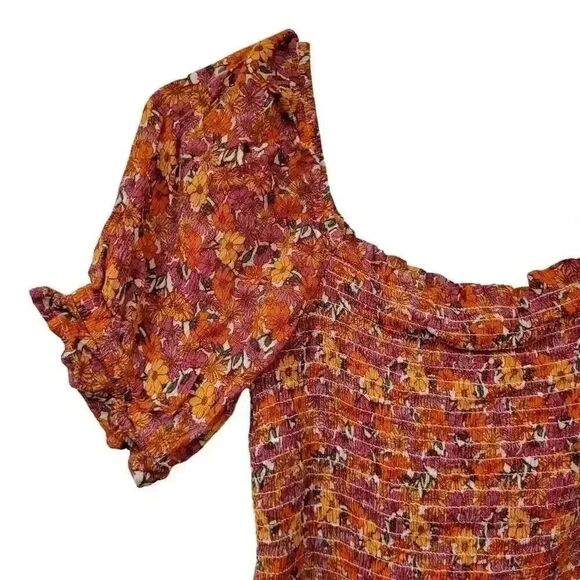 SO Junior Women's Red/Orange Floral Rayon Smocked Summer Square Neck Puff Sleeve - Picture 3 of 9